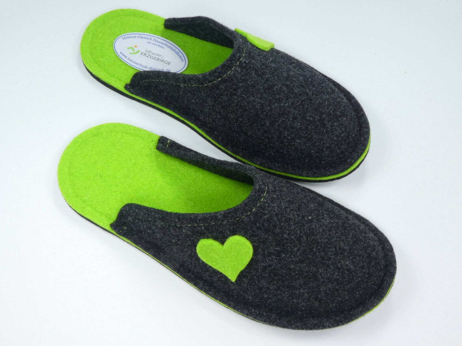 Barfußpantoffel Wollfilz "Herz" anthrazit/lemon