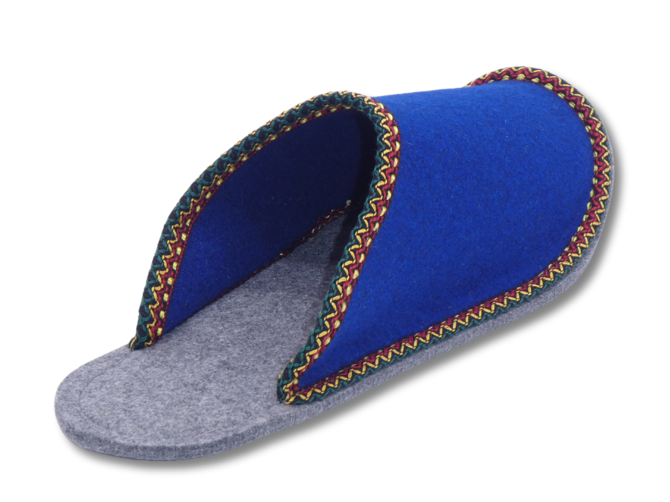 Gästepantoffel - kornblau - buntes Band