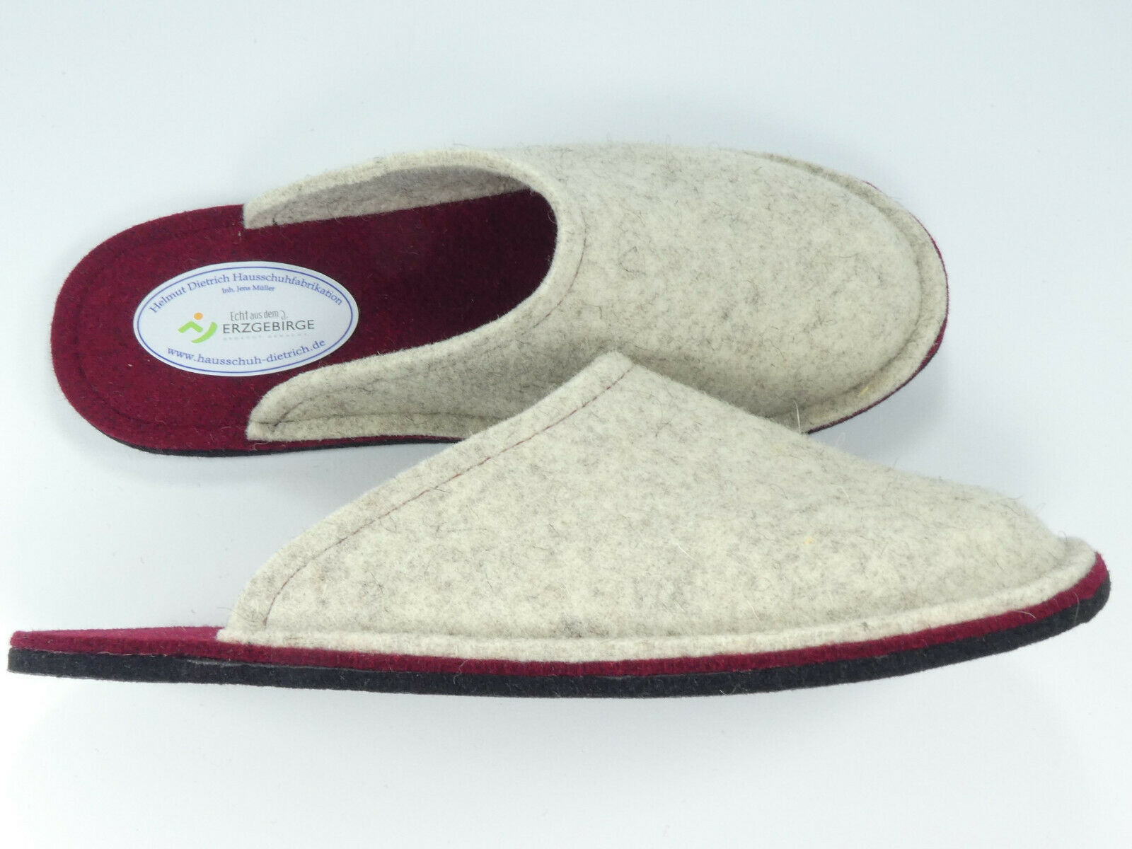 Barfuß-Pantoffel Wollfilz beige/weinrot