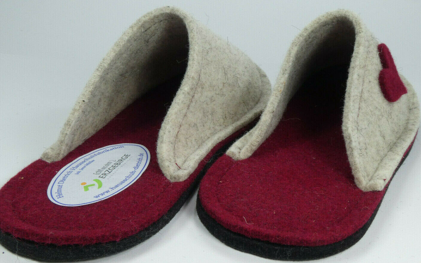 Barfußpantoffel Wollfilz "Herz" natur/weinrot