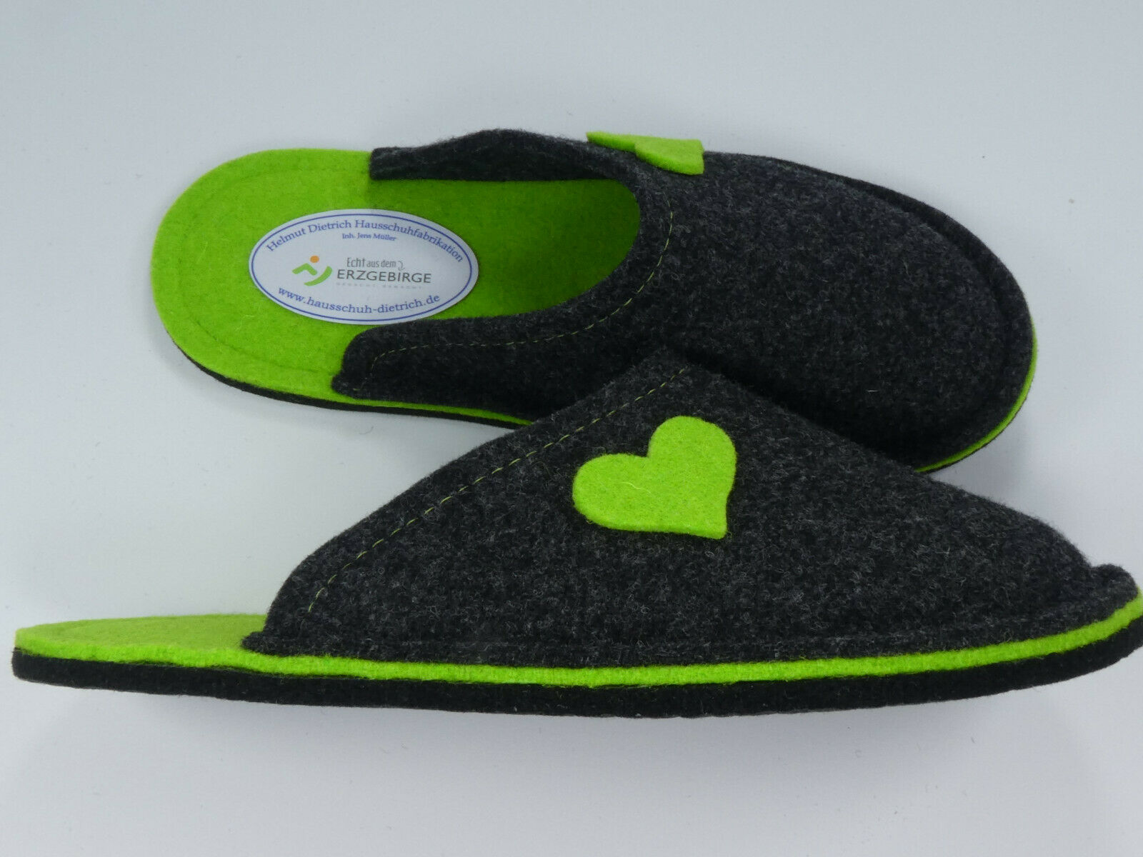 Barfußpantoffel Wollfilz "Herz" anthrazit/lemon
