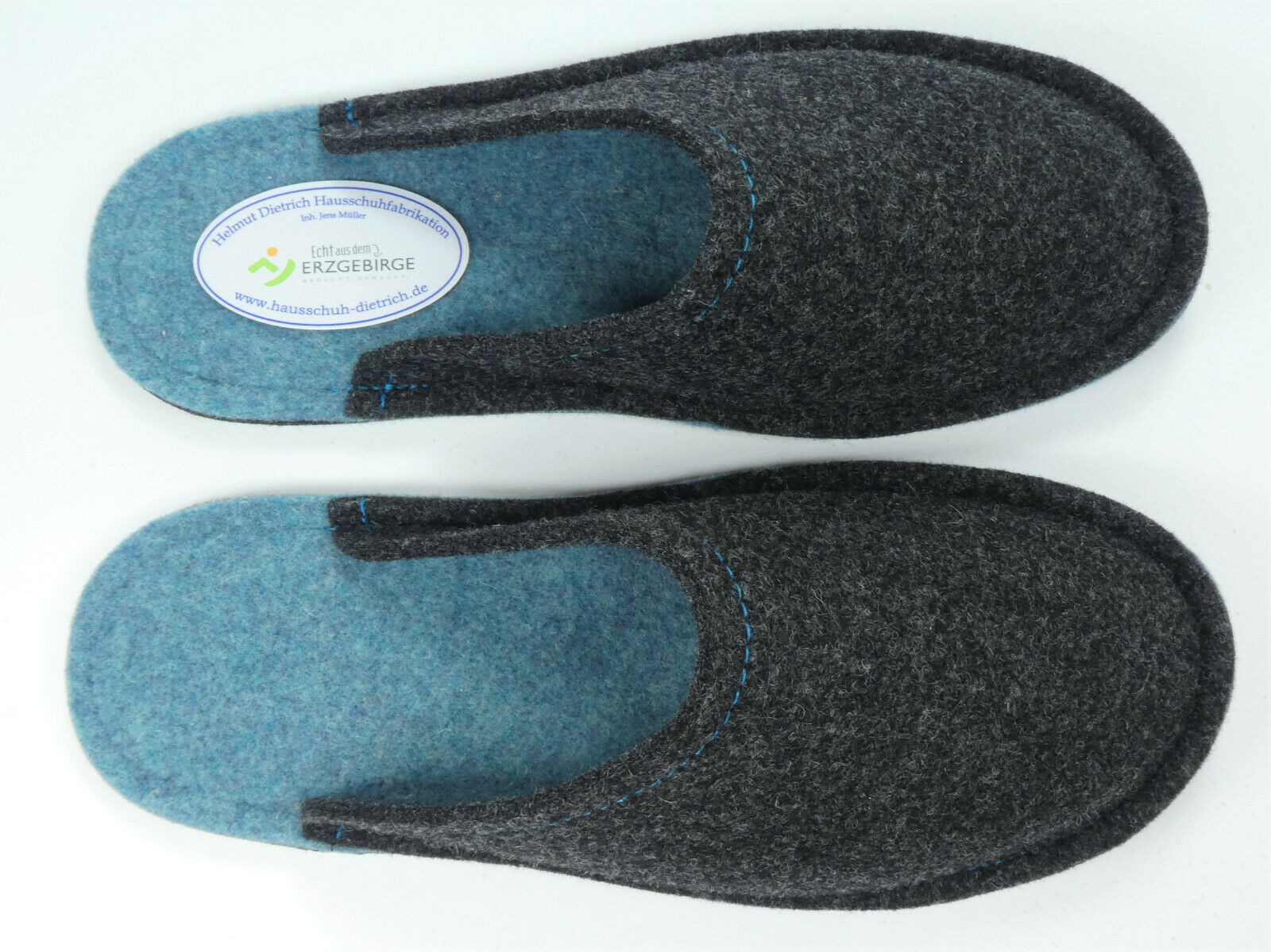 Barfuß-Pantoffel Wollfilz anthrazit/ozeanblau
