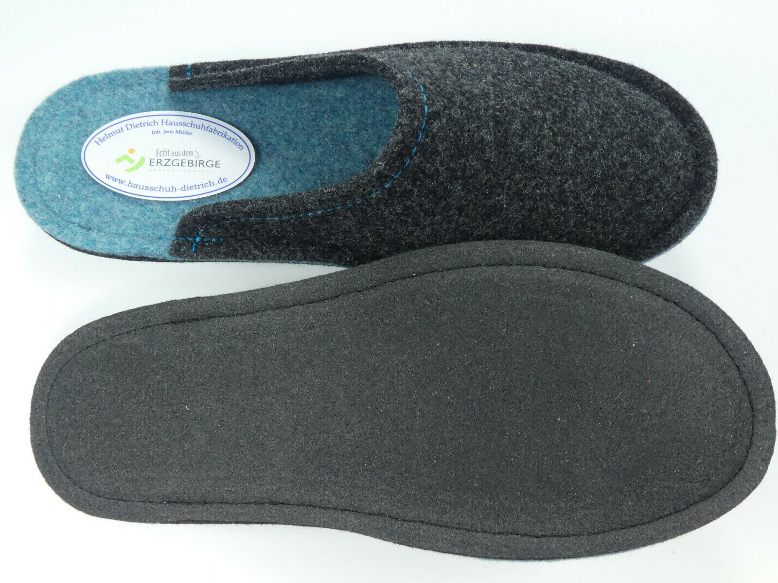 Barfuß-Pantoffel Wollfilz anthrazit/ozeanblau