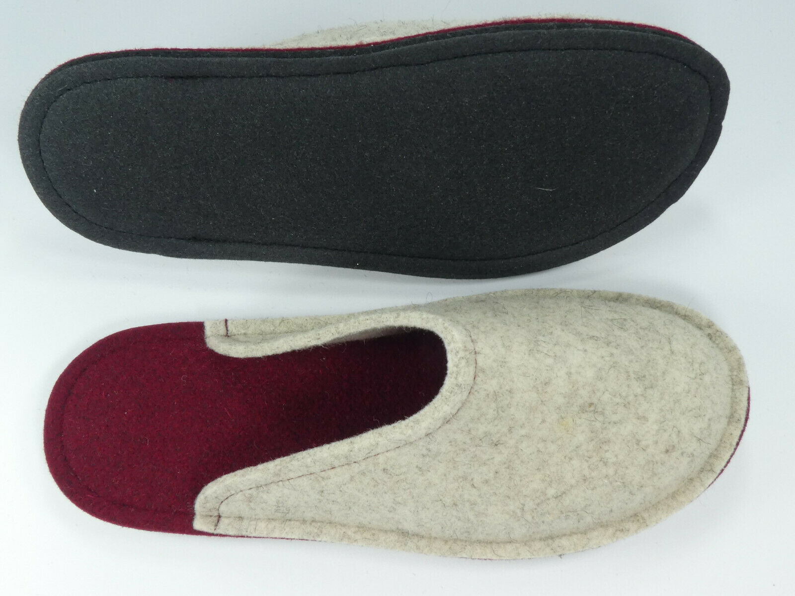 Barfuß-Pantoffel Wollfilz beige/weinrot