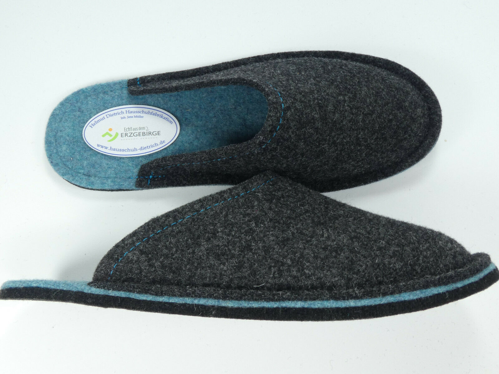 Barfuß-Pantoffel Wollfilz anthrazit/ozeanblau